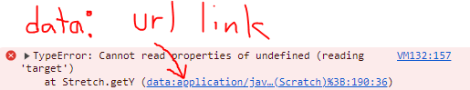 The error has a link to a data: url