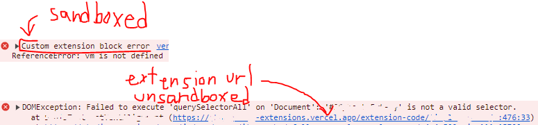 Unsandboxed URLs include the website link, Sandboxed URLs will say Custom extension block error